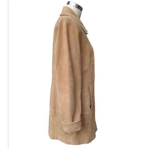 Dennis Basso Long Washable Suede Jacket Gold Turnkey Size XS Tan Boho Chic Indie - Picture 2 of 12
